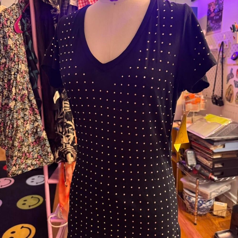 y2k McBling Rhinestone Women's Black and Silver V-neck Shirt